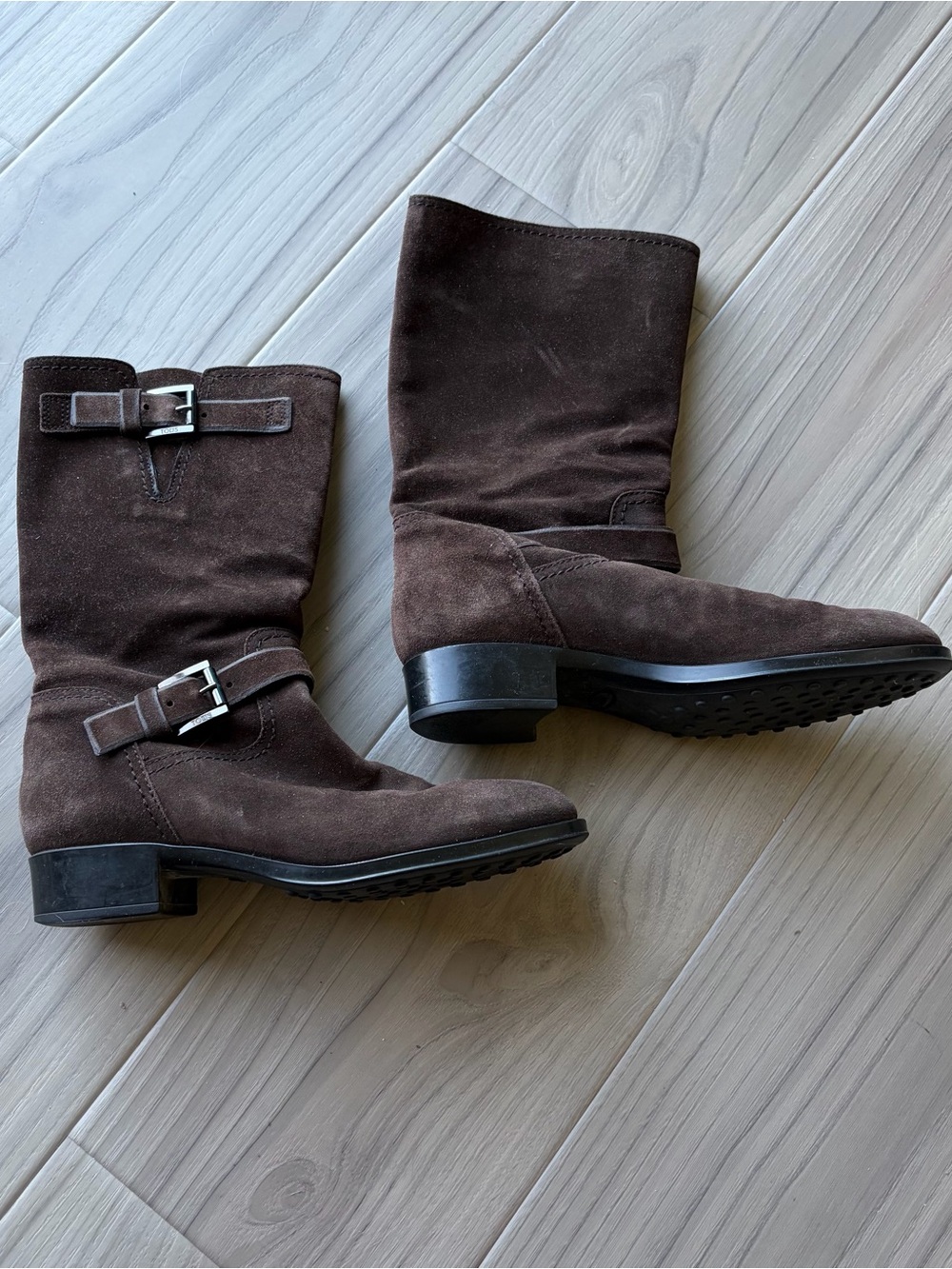 Tods Brown Suede Mid-Calf Buckle Boots